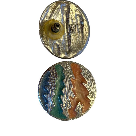 Vintage Round Abstract Enamel Silver-Tone Earrings With Orange & Green Design - Picture 2 of 7